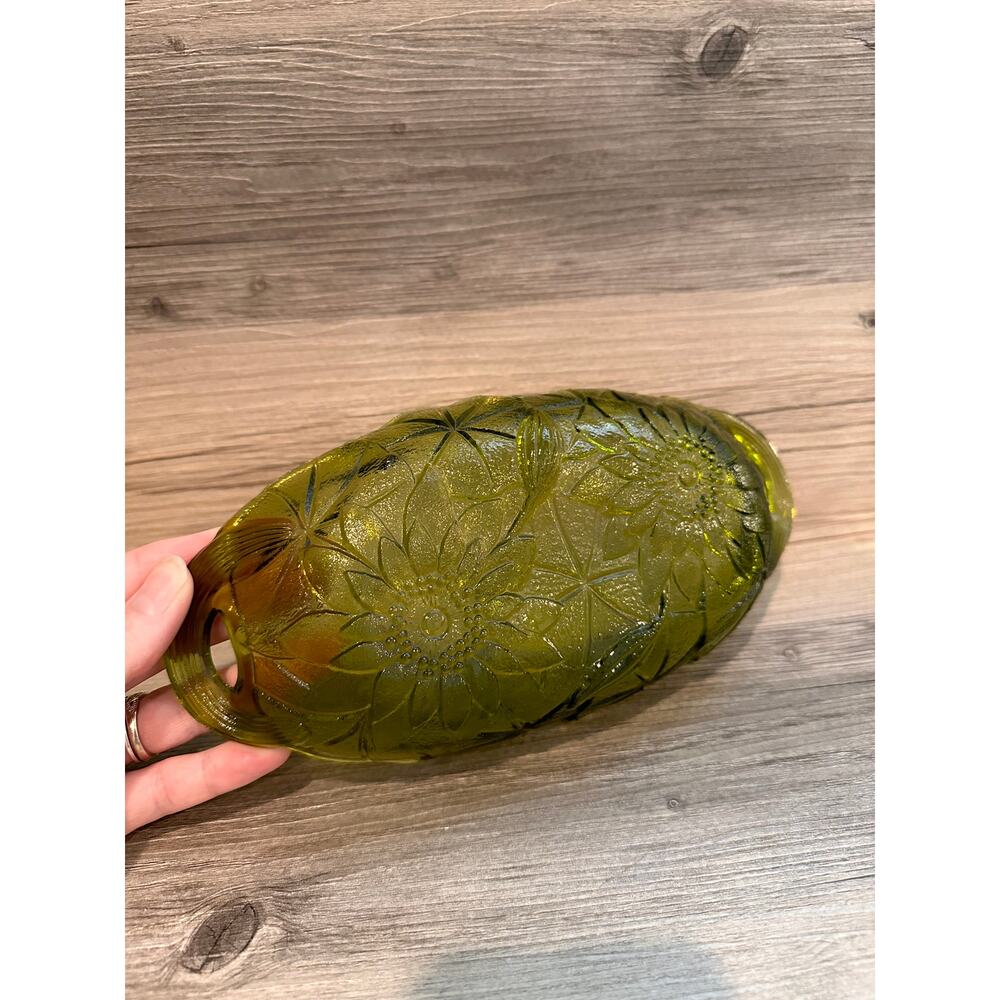 VTG Green Indiana Glass Bowl Dish Oval w/ handles Avocado Relish MCM Boho Decor - Picture 3 of 6